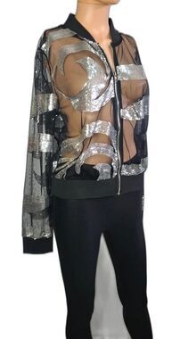 Touch Me Sequin Mesh Bomber Jacket Black Silver Swirl Rave Festival Glam Large